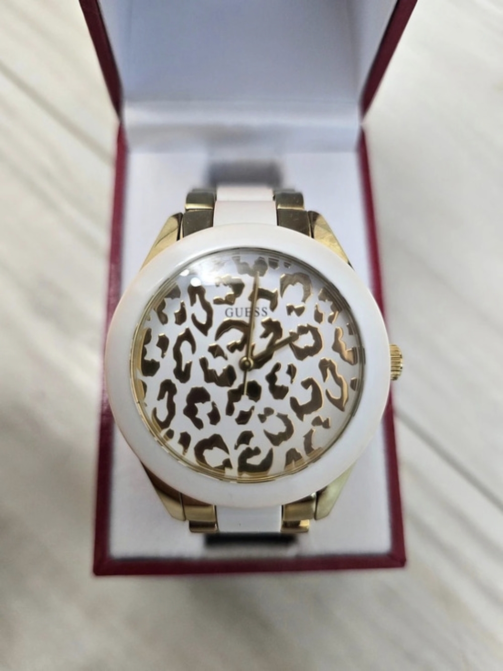 GUESS White and Gold-Tone Leopard Print Bracelet Watch U0344L1 Women's Animal